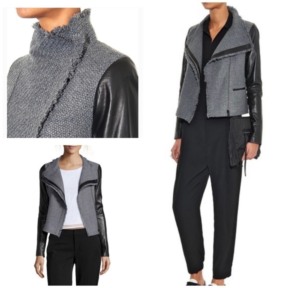 VINCE Leather Sleeves Mixed Media Moto Jacket L